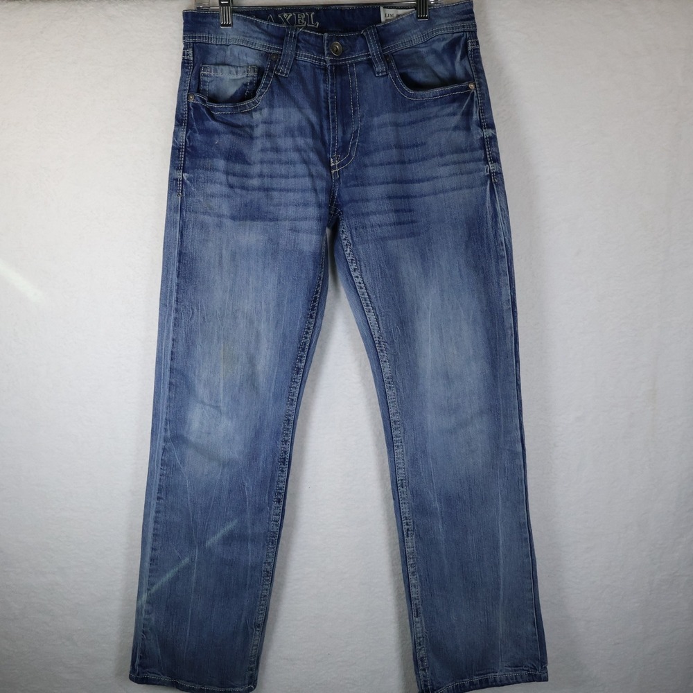 TK‎ AXEL Mens Jeans W32 L34 Slim Boot Cut Blue Wash Whiskered Denim Pants